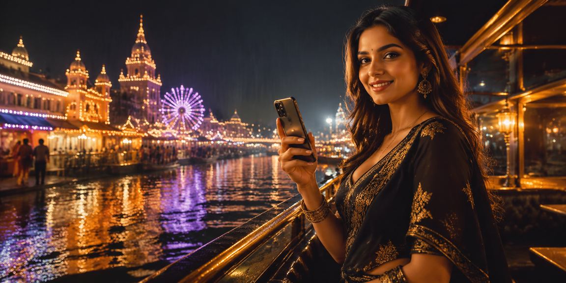 Night market scene with a woman making mobile deposits in India