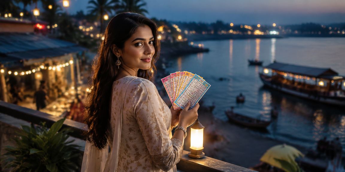 Kerala backwaters scenic view with a woman in kurti playing Rummy online