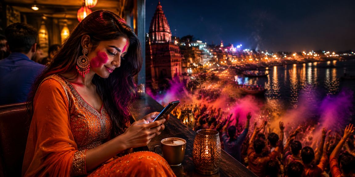 Festive Holi celebrations near Varanasi Ghat with colorful gamblers